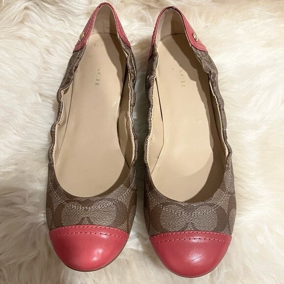 Coach Callie Signature Logo Red Leather & Khaki Fabric Ballet Flat Size 7.5 - Picture 3 of 9